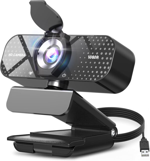 1080P HD Webcam with Microphone, Noise Cancellation, Privacy Cover, Wide-Angle Lens, Auto Light Correction, Plug & Play USB Webcam for Laptop, Desktop, PC, Mac, Zoom, Skype, Streaming Black