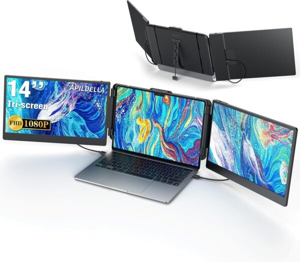 14’’ Triple Laptop Screen Extender, 1080P FHD Portable Dual Monitor for Laptop USB C HDMI, Plug-Play Laptop Monitor Extender for Triple Display for Mac/Windows, Fit 13”-17.3” Laptops