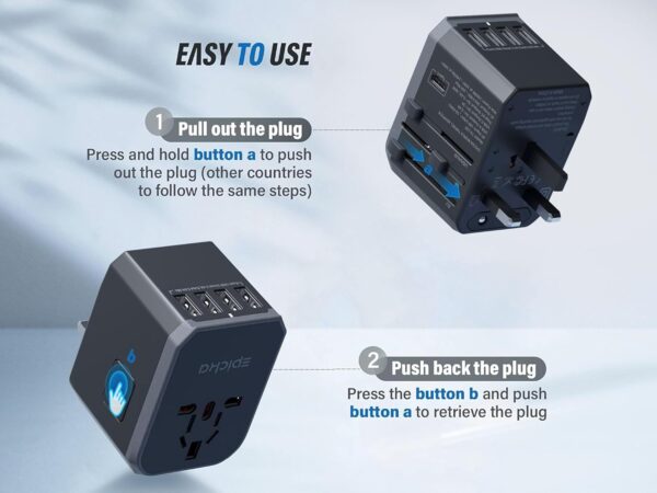 EPICKA Universal Travel Adapter, European Travel Plug Adapter - International Power Adapter Worldwide Charger with USB-C & 4 USB-A Ports, Travel Essentials for Italy, Japan, Europe, UK (TA-105, Grey) - Image 3
