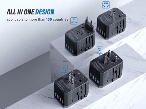 EPICKA Universal Travel Adapter, European Travel Plug Adapter - International Power Adapter Worldwide Charger with USB-C & 4 USB-A Ports, Travel Essentials for Italy, Japan, Europe, UK (TA-105, Grey) - Image 4