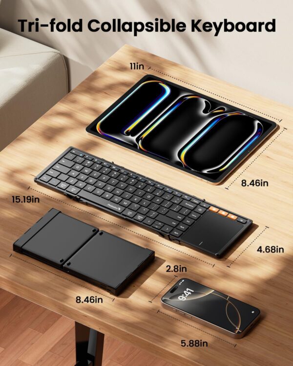 ProtoArc Foldable Keyboard with Touchpad, XK01 TP Folding Portable Keyboard, Full Size Keys, Large Trackpad Bluetooth Travel Keyboards for iPad Laptop PC Tablets -Black - Image 3