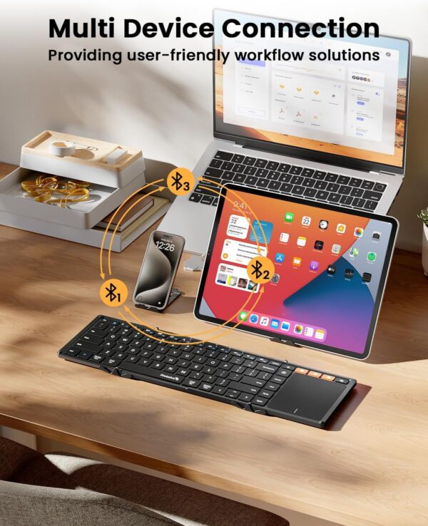ProtoArc Foldable Keyboard with Touchpad, XK01 TP Folding Portable Keyboard, Full Size Keys, Large Trackpad Bluetooth Travel Keyboards for iPad Laptop PC Tablets -Black - Image 6