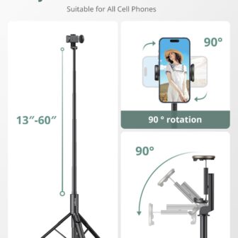 Sensyne 60" Phone Tripod & Selfie Stick, Lightweight All in One Phone Tripod Integrated with Wireless Remote Compatible with All Cell Phones for Selfie/Video Recording/Photo/Live Stream/Vlog（Black） - Image 5