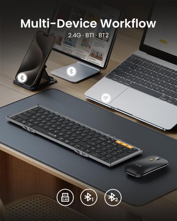 ProtoArc Foldable Keyboard and Mouse, XKM01 True Full-Size Folding Keyboard Mouse Combo for Business and Travel, 2.4G+Dual Bluetooth Portable Mouse Keyboard for Laptop iPads Tablets - Black Gray - Image 3