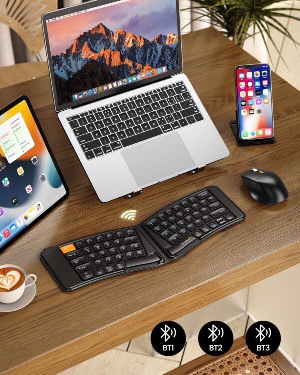 ProtoArc Ergonomic Foldable Keyboard Mouse, XKM03 Portable Folding Bluetooth Keyboard Mouse Combo for Business and Travel, Split Design, 3 Bluetooth, Rechargeable, for iPad, Tablet, iPhone, Laptop - Image 5