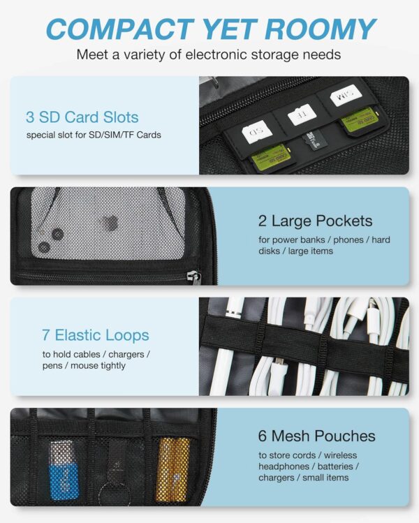 BAGSMART Electronics Travel Organizer Case, Tech Accessories Cord Storage Bag for Phone, Power Bank, SD Card, Cables, Black - Image 3