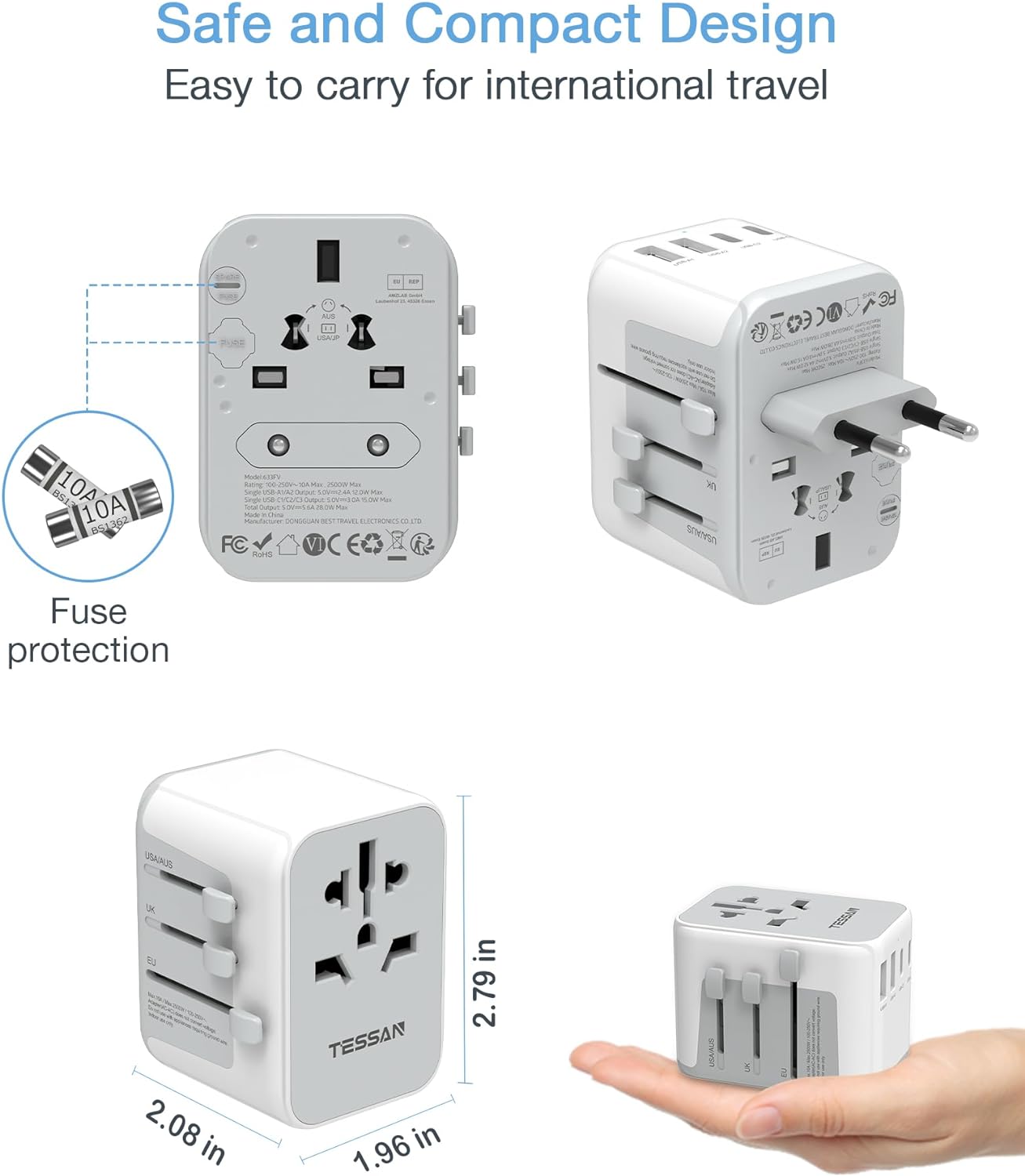 TESSAN Universal Travel Adapter, International Power Adapter 5.6A 28W 3 USB C 2 USB A Ports, Travel Worldwide Plug Adaptor, Outlet Wall Charger for Europe UK EU AUS (Type C/G/A/I) - Image 5