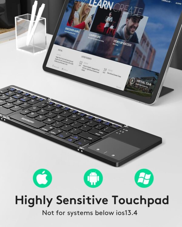 Samsers Foldable Bluetooth Keyboard with Touchpad - Portable Wireless Keyboard with Holder, Rechargeable Full Size Ultra Slim Pocket Folding Keyboards for Android Windows iOS Tablet & Laptop - Black - Image 3