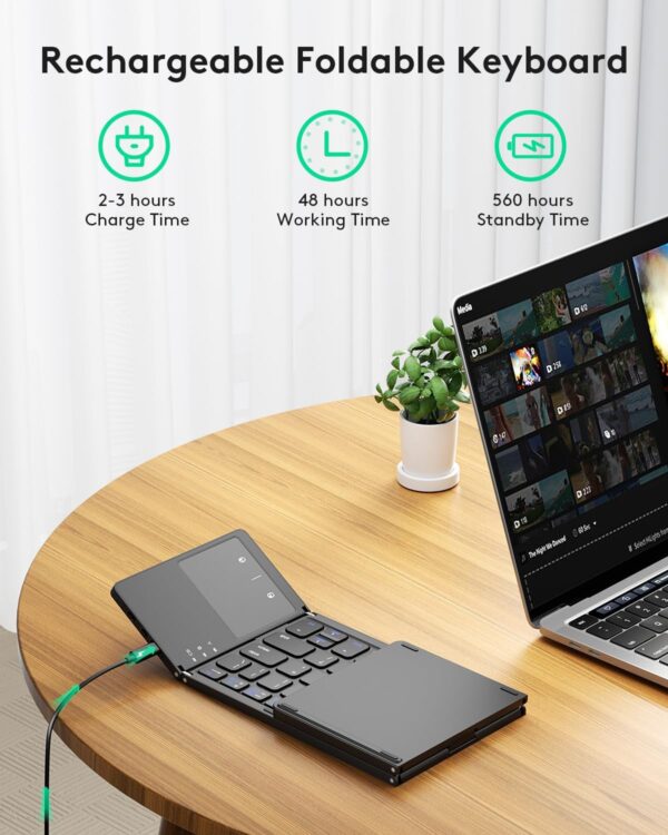 Samsers Foldable Bluetooth Keyboard with Touchpad - Portable Wireless Keyboard with Holder, Rechargeable Full Size Ultra Slim Pocket Folding Keyboards for Android Windows iOS Tablet & Laptop - Black - Image 4