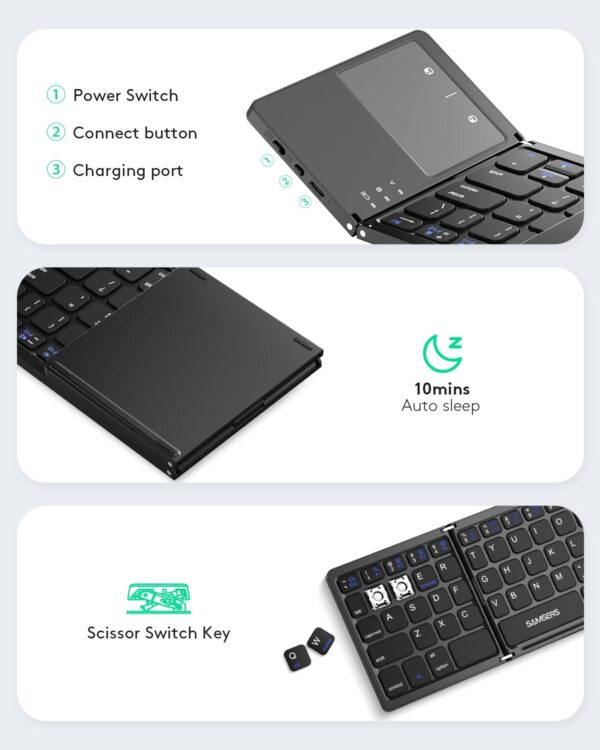 Samsers Foldable Bluetooth Keyboard with Touchpad - Portable Wireless Keyboard with Holder, Rechargeable Full Size Ultra Slim Pocket Folding Keyboards for Android Windows iOS Tablet & Laptop - Black - Image 6