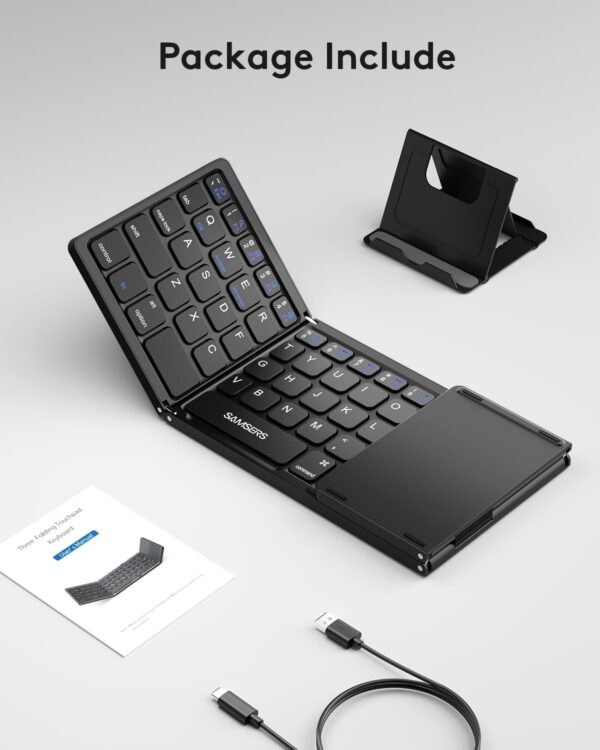 Samsers Foldable Bluetooth Keyboard with Touchpad - Portable Wireless Keyboard with Holder, Rechargeable Full Size Ultra Slim Pocket Folding Keyboards for Android Windows iOS Tablet & Laptop - Black - Image 9