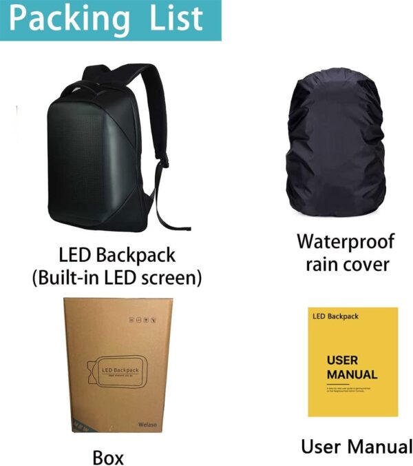 Welaso Smart Bluetooth LED Backpack with Colorful LED Sign Panel and Programmable, DIY Laptop Daypack Bag,Black (Medium 21L,with Rain Cover) - Image 7