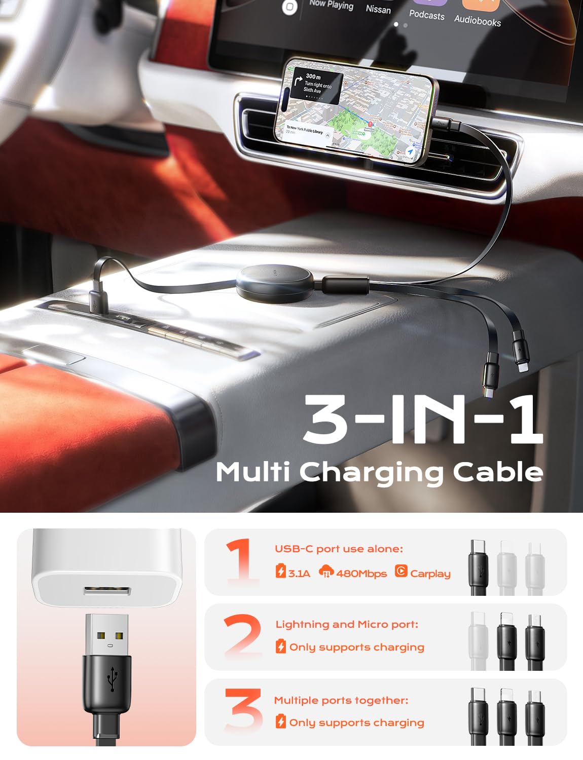 LISEN Multi Charging Cable, 3 in 1 Charging Cable, Retractable Car Charger with Type C/L/Micro USB Ports for iPhone 16 15 14 Pro Max/Samsung Galaxy S25/PS/Kindle, Multi Chargers for All Devices - Image 8