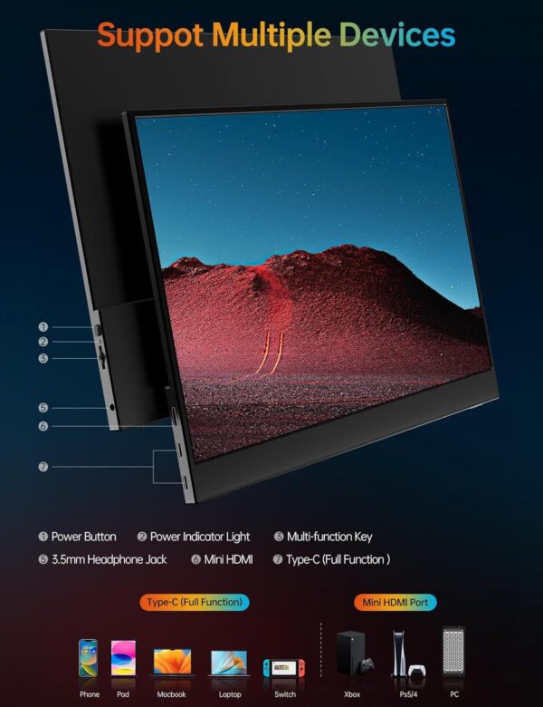 VILVA Portable-Monitor-for-Laptop - 15.6'' 1080P FHD IPS Display USB-C HDMI Portable Monitor for Laptop with Cover and Speakers External Monitor for Laptop/PC/Mac/Phone/Xbox Switch/PS4/ - Image 7