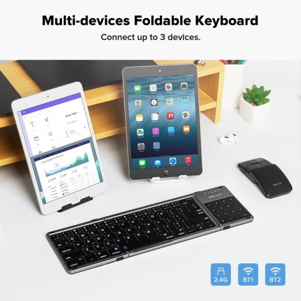 DeLUX Foldable Keyboard with Touchpad and Numeric Keypad, 2.4G Wireless and Bluetooth, Rechargeable Portable Travel Folding Keyboard with PU Leather, for iOS Android Windows Tablet (KF18) - Image 4