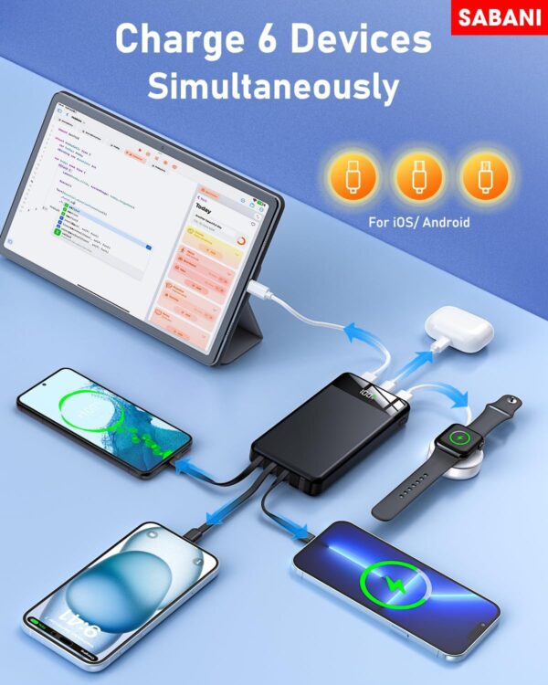 SABANI Portable Charger 35000mAh Power Bank - Portable Battery with 4 Built in Cables, 22.5W Fast Charging Battery Pack Compatible with iPhone 16 15 14 13 Samsung Android Phone etc (1 Pack, Black) - Image 4