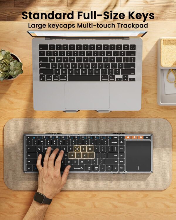ProtoArc Foldable Keyboard with Touchpad, XK01 TP Folding Portable Keyboard, Full Size Keys, Large Trackpad Bluetooth Travel Keyboards for iPad Laptop PC Tablets - Black Gray - Image 5