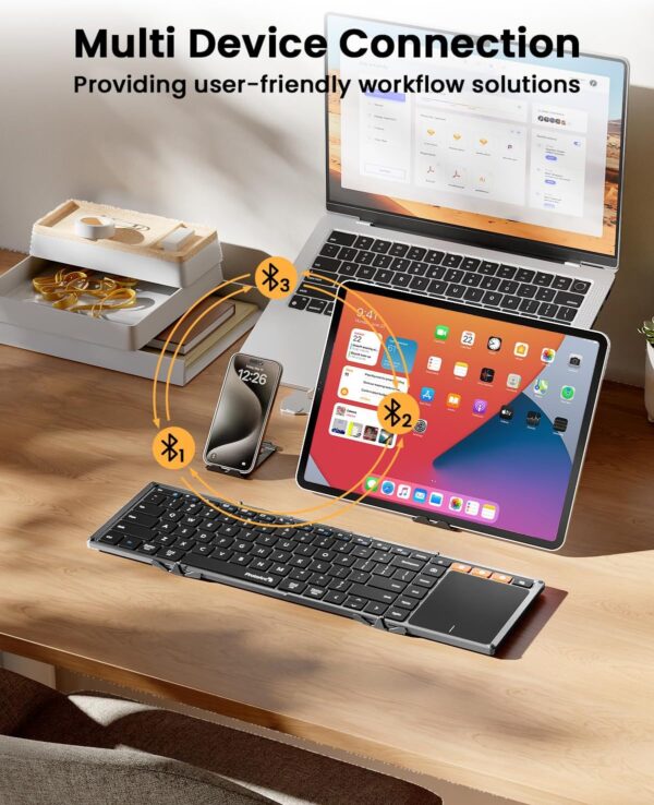 ProtoArc Foldable Keyboard with Touchpad, XK01 TP Folding Portable Keyboard, Full Size Keys, Large Trackpad Bluetooth Travel Keyboards for iPad Laptop PC Tablets - Black Gray - Image 6