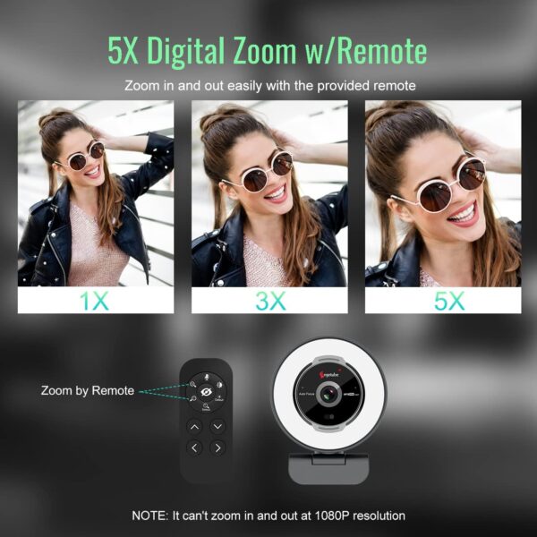 Angetube Streaming Webcam with Microphone: 1080P 60FPS USB Web Cam with Ring Light and Remote Control - HD Web Camera with 5X Digital Zoom Built in Privacy Cover,for PC|Computer|Laptop|Mac|Desktop - Image 5