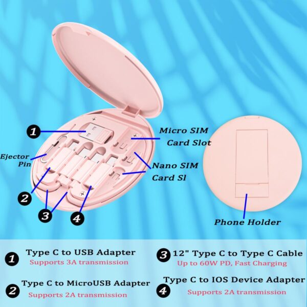 Multi USB Charging Adapter Cable Kit, USB C to iOS Device Adapter Box, Conversion Set A & Type C to Male Micro/Type C/iOS Device, Data Transfer, Card Storage, Tray Eject Pin, Phone Holder (Pink) - Image 3