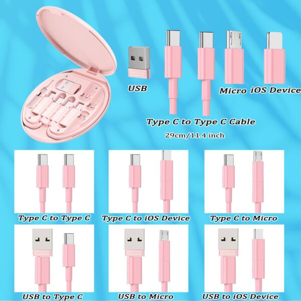 Multi USB Charging Adapter Cable Kit, USB C to iOS Device Adapter Box, Conversion Set A & Type C to Male Micro/Type C/iOS Device, Data Transfer, Card Storage, Tray Eject Pin, Phone Holder (Pink) - Image 4