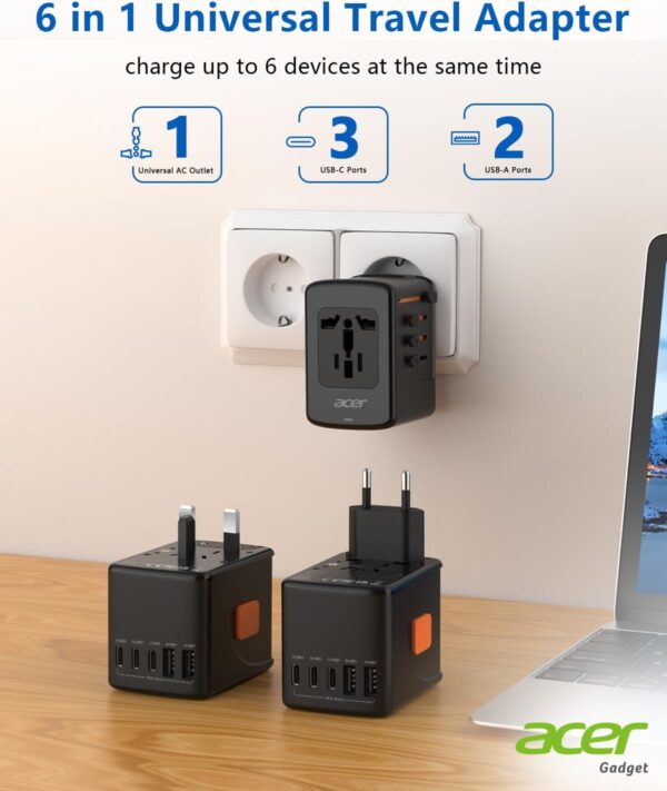 Acer Universal Travel Plug Adapter - International Power Adapter with 5 USB Ports (3 USB C) 5.8A, Worldwide Outlet Charger for USA to European UK France Germany Spain, Type C/E/F/G/I/L/A, Black - Image 3