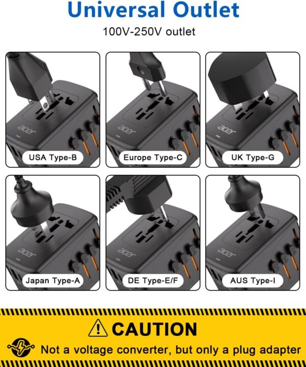 Acer Universal Travel Plug Adapter - International Power Adapter with 5 USB Ports (3 USB C) 5.8A, Worldwide Outlet Charger for USA to European UK France Germany Spain, Type C/E/F/G/I/L/A, Black - Image 5