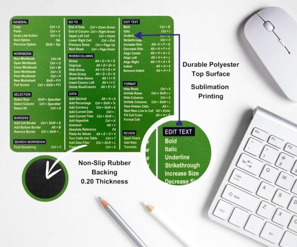 Excel Shortcuts Mouse Pad - The Ultimate Productivity Tool - Dominate Excel Like a Pro - The Secret Weapon to Master Excel - 7.75” x 9.25” Rectangular Shape (Solid Green Print) - Image 5