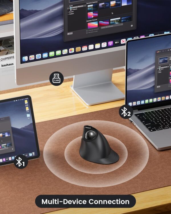 ProtoArc Vertical Wireless Trackball, EM05 NL Bluetooth Ergonomic Rollerball, Rechargeable Computer Laptop Thumb Mouse, 3 Device Connection, Compatible with iPad, Mac, Windows, PC - Gray - Image 4
