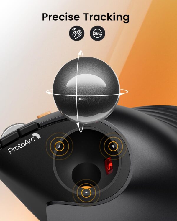 ProtoArc Vertical Wireless Trackball, EM05 NL Bluetooth Ergonomic Rollerball, Rechargeable Computer Laptop Thumb Mouse, 3 Device Connection, Compatible with iPad, Mac, Windows, PC - Gray - Image 5