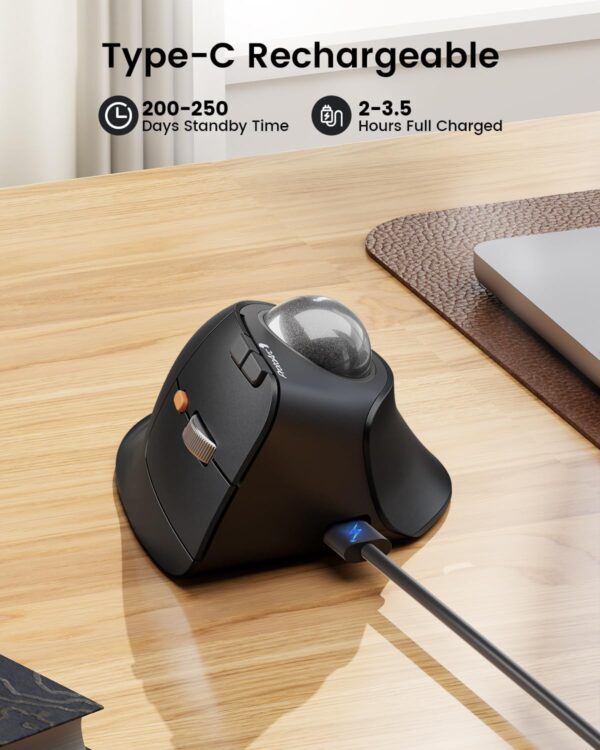 ProtoArc Vertical Wireless Trackball, EM05 NL Bluetooth Ergonomic Rollerball, Rechargeable Computer Laptop Thumb Mouse, 3 Device Connection, Compatible with iPad, Mac, Windows, PC - Gray - Image 7