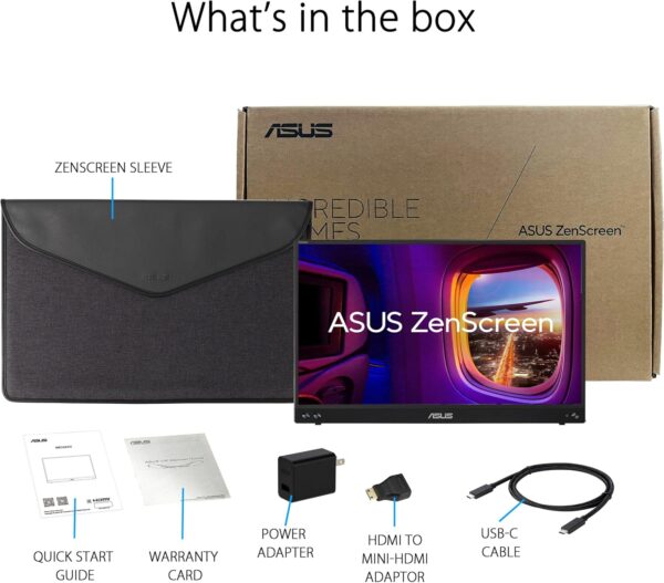 ASUS ZenScreen 16” (15.6 inch viewable) 1080P USB-C Portable Monitor (MB16AHV) - Full HD, IPS, Blue Light Filter, Anti-glare, Mini HDMI, Kickstand, Tripod Mountable, Protective Sleeve, 3 year warranty - Image 9