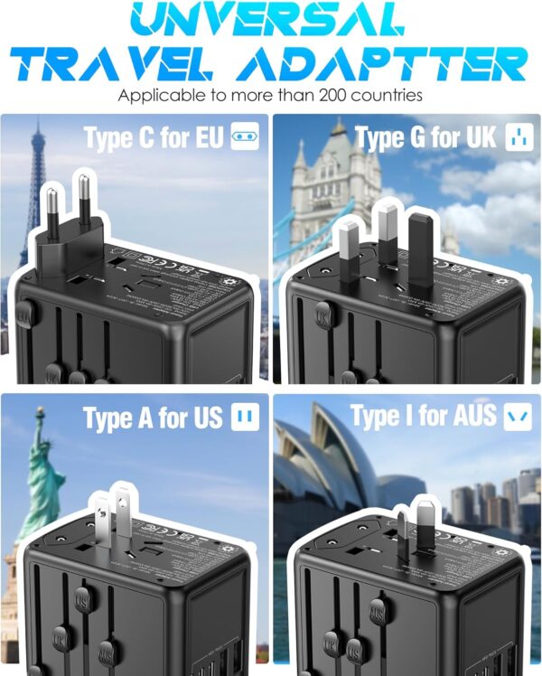 Universal Travel Adapter Offers 6.0A 3X 3.0A USB-C Ports, 2X 2.4A USB-A Ports and Multi AC Outlet, All-in-One International Power Plug Adaptor Worldwide Charger for EU US UK AU 200+ Countries - Image 4