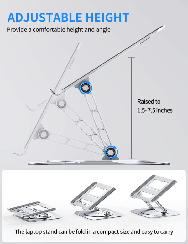 Adjustable Computer Stand with 360 Rotating Base, Ergonimic Foldable Laptop Riser for Desk Compatible with MacBook Pro/Air Notebook up to 16 Inches, Silver - Image 3