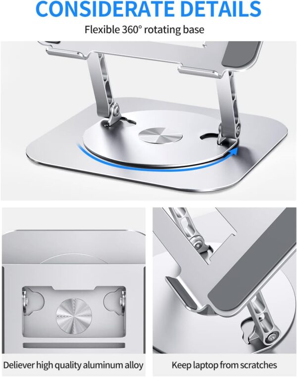 Adjustable Computer Stand with 360 Rotating Base, Ergonimic Foldable Laptop Riser for Desk Compatible with MacBook Pro/Air Notebook up to 16 Inches, Silver - Image 4