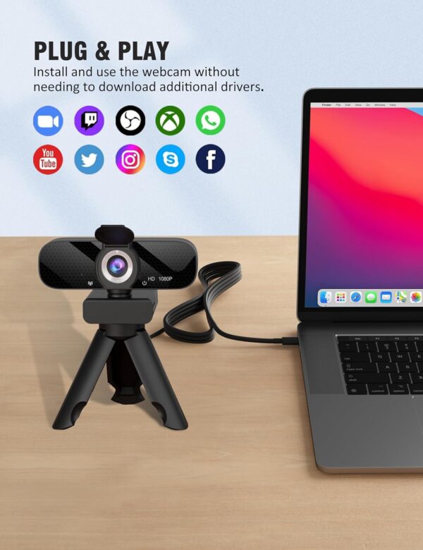 USB HD Webcam with Built-in Microphone and Rotatable Tripod, 1080P Video, Wide Angle Camera, Privacy Cover, for Desktop PC or Laptop Computer（Black） - Image 3