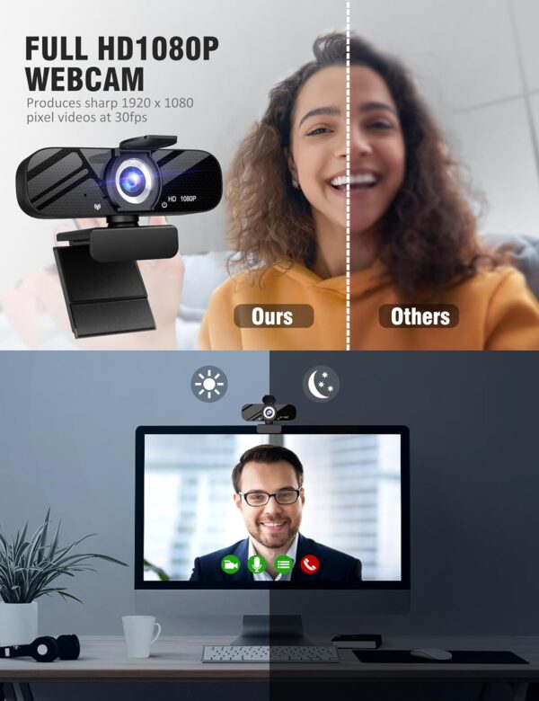 USB HD Webcam with Built-in Microphone and Rotatable Tripod, 1080P Video, Wide Angle Camera, Privacy Cover, for Desktop PC or Laptop Computer（Black） - Image 6