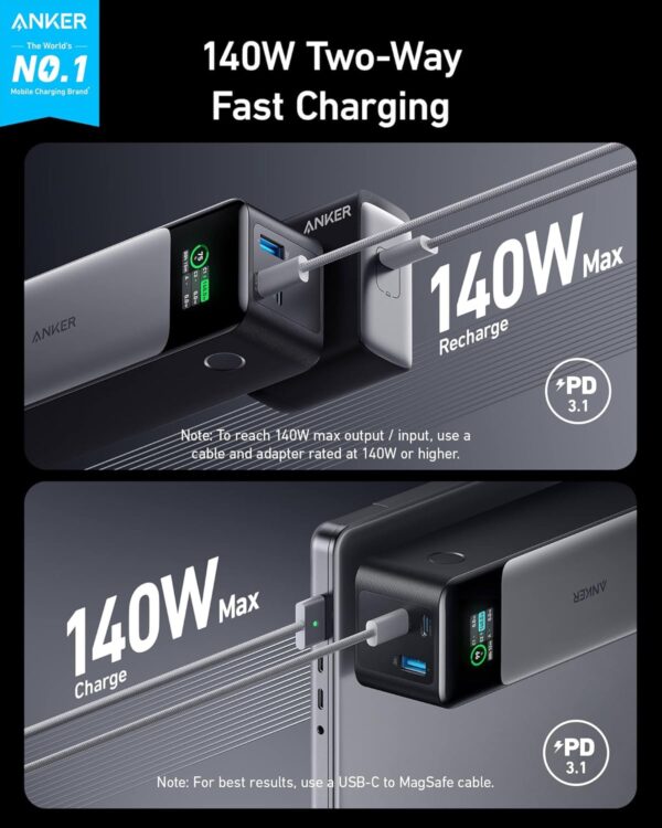 Anker 737 Power Bank, 24,000mAh 3-Port Laptop Portable Charger with 140W Fast Charging, Smart Display, for Outdoor Work, Compatible with iPhone 16/15/14 Series, Vision Pro, Samsung, MacBook, and More - Image 3