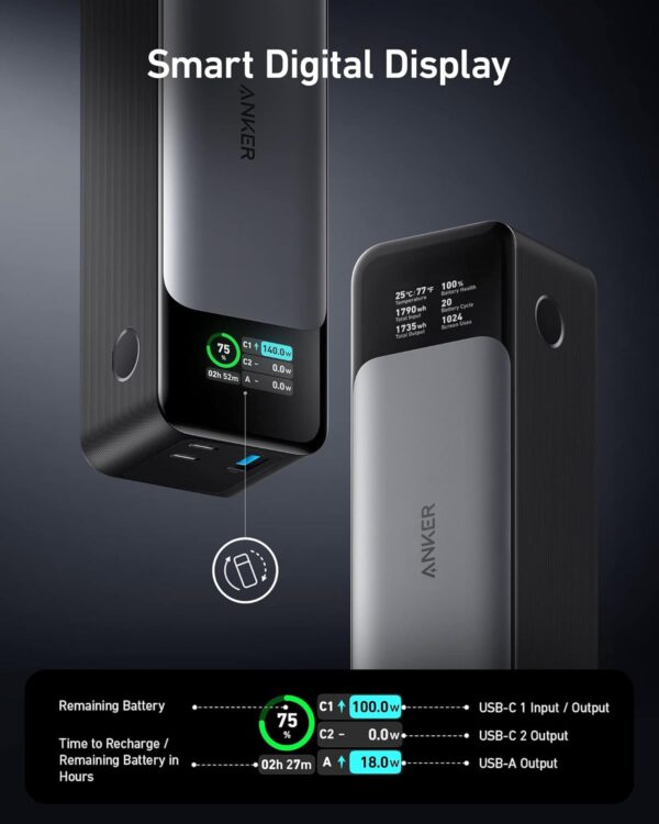 Anker 737 Power Bank, 24,000mAh 3-Port Laptop Portable Charger with 140W Fast Charging, Smart Display, for Outdoor Work, Compatible with iPhone 16/15/14 Series, Vision Pro, Samsung, MacBook, and More - Image 4