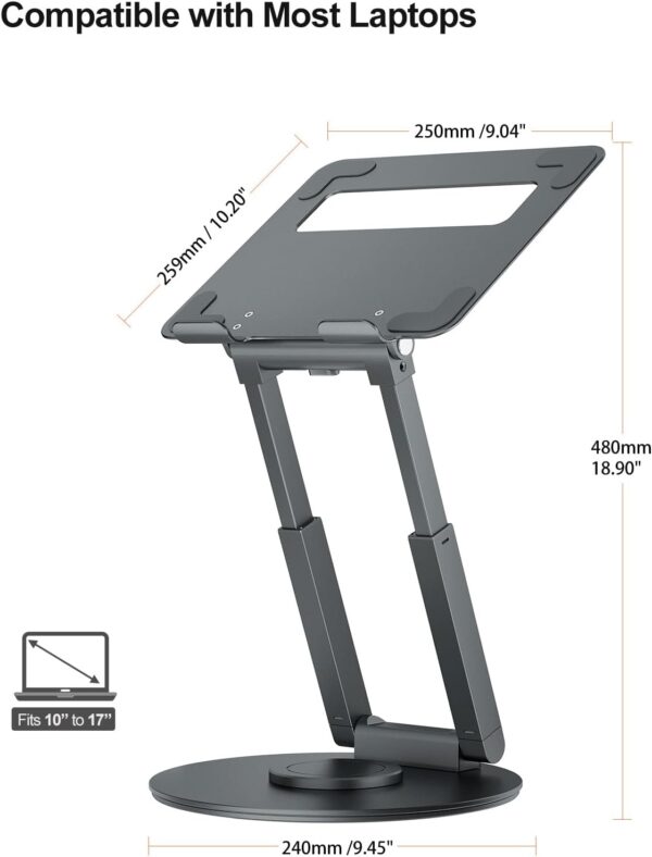 tounee Telescopic Laptop Stand for Desk with 360° Swivel Base, Sit to Stand, Height Adjustable, Portable Riser Holder for Good Posture, Compatible with MacBook Pro, All Laptops 10-17"-Gray - Image 4