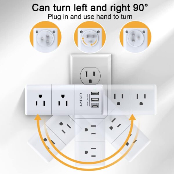 USB Outlet Extender Surge Protector - QINLIANF Rotating Plug, 3-Sided Swivel Power Strip, 6 AC Spaced Outlet Splitter and 3 USB Ports (1 USB C) for Travel, Home, Office, ETL - Image 3