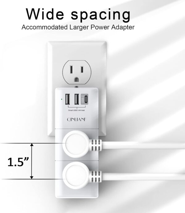 USB Outlet Extender Surge Protector - QINLIANF Rotating Plug, 3-Sided Swivel Power Strip, 6 AC Spaced Outlet Splitter and 3 USB Ports (1 USB C) for Travel, Home, Office, ETL - Image 4