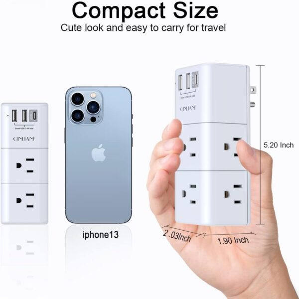 USB Outlet Extender Surge Protector - QINLIANF Rotating Plug, 3-Sided Swivel Power Strip, 6 AC Spaced Outlet Splitter and 3 USB Ports (1 USB C) for Travel, Home, Office, ETL - Image 5