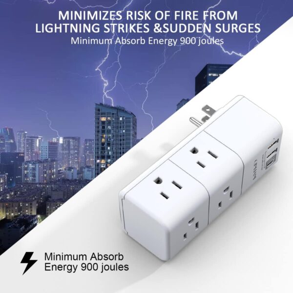 USB Outlet Extender Surge Protector - QINLIANF Rotating Plug, 3-Sided Swivel Power Strip, 6 AC Spaced Outlet Splitter and 3 USB Ports (1 USB C) for Travel, Home, Office, ETL - Image 6