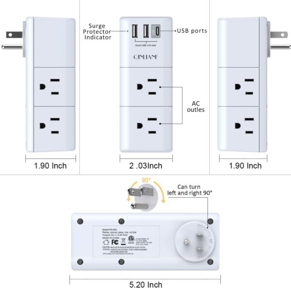 USB Outlet Extender Surge Protector - QINLIANF Rotating Plug, 3-Sided Swivel Power Strip, 6 AC Spaced Outlet Splitter and 3 USB Ports (1 USB C) for Travel, Home, Office, ETL - Image 7
