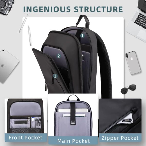 hk Backpack for Men Business Slim Backpack with USB Charger Computer Lightweight Anti-theft Travel Backpacks 15.6 inch Water Resistant Laptop Bag for Work Office College-Black - Image 3