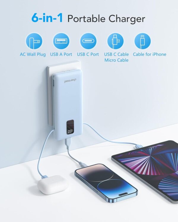 Charmast Portable Charger with Built-in Cables & Wall Plug, 10000mAh Portable Power Bank, External Battery Pack Travel Essentials Compatible with iPhone 16/15/14/13, Samsung, iPad etc - Image 2