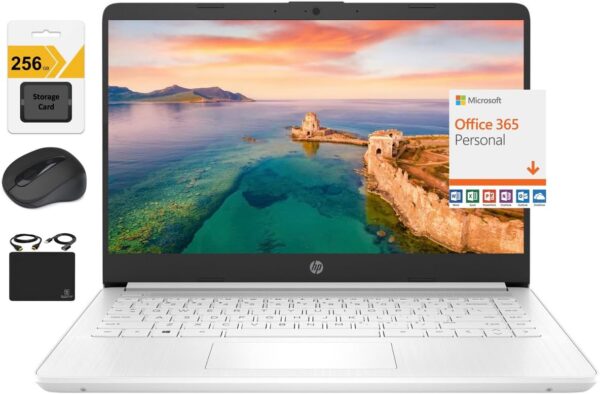 HP New 14" HD Ultral Light Thin Laptop, Quad-Core Intel Celeron Processor, 16GB RAM, 320GB (64GB eMMC+ 256GB SD), Wi-Fi, Upto 11 Hours, Windows 11 S + 1 Year Office 365+HubxcelAccessory, White