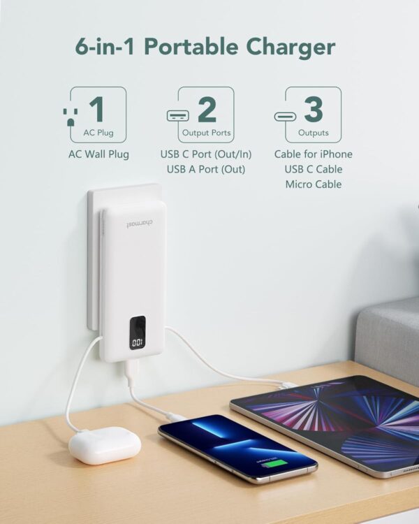 Charmast Portable Charger with Built-in Cables & Wall Plug, 10000mAh Portable Power Bank, External Battery Pack Travel Essentials Compatible with iPhone 16/15/14/13, Samsung, iPad etc - Image 2
