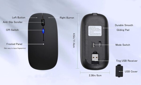 Wireless Bluetooth Mouse Rechargeable Laptop Mice with LED Use Portable(BT5.2 and USB 2.4G) Dual Mode Connection Silent Slim Computer Mouse for Laptop/iPad Tablet/Apple MacBook/PC (Black) - Image 6